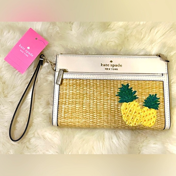 Kate Spade ♠️ Colada Pineapple Leather Wicker Straw Wristlet Wallet Purse Clutch - Picture 14 of 14